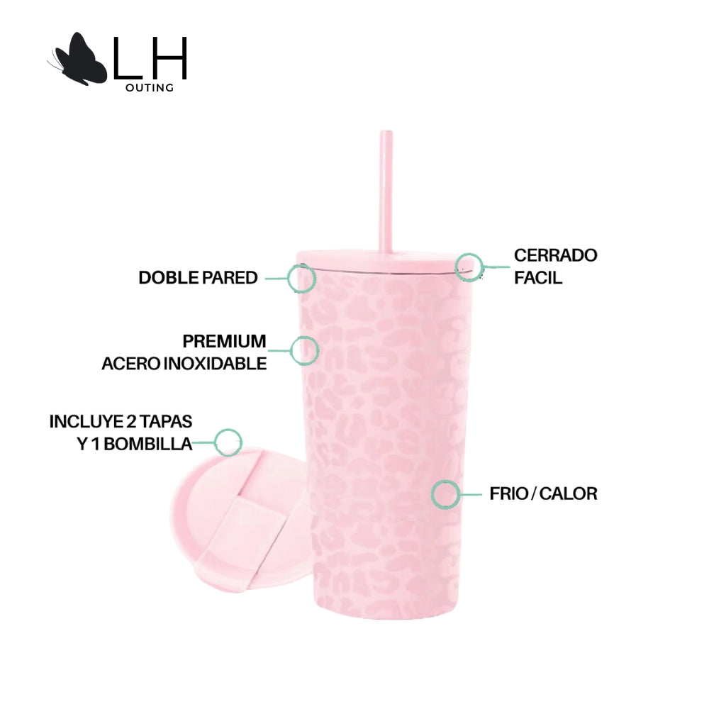 Vaso Térmico 460ml + 2 Tapas Rosado