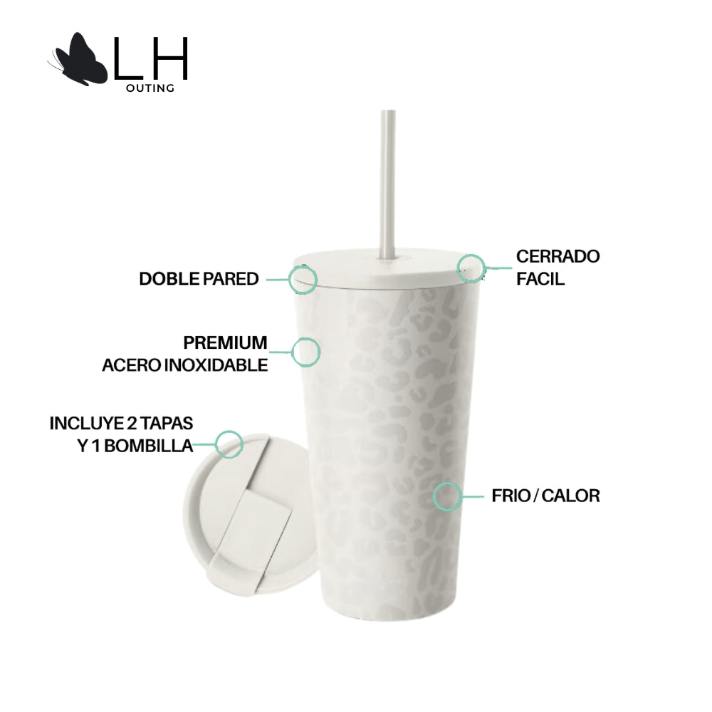 Vaso Térmico 460ml + 2 Tapas Blanco Leopardo